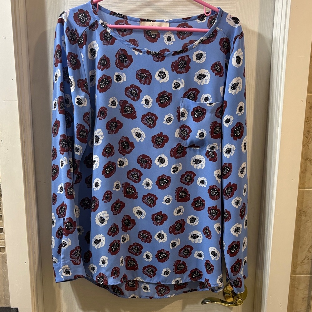 LOFT Floral Blouse in Blue with Red and White Details